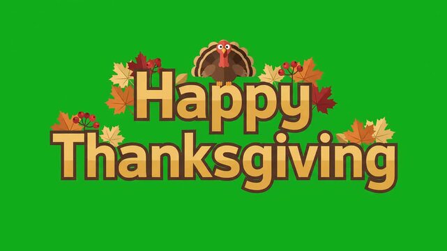 Animated Happy Thanksgiving greeting text with autumn leaves and a cartoon turkey on a green screen background for holiday video editing and social media content.