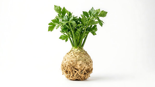 Fresh celeriac root with green leaves on white background celery root raw vegetable organic vegetable whole vegetable food background cooking ingredient vegetable isolated