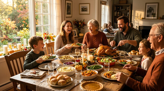 Multi-generational family enjoying Thanksgiving dinner together at home