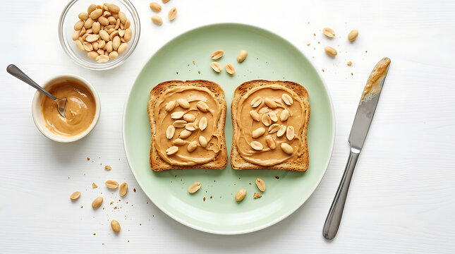 Two slices of toasted bread topped with creamy peanut butter and scattered roasted peanuts bread slice nut butter protein snack morning meal tasty snack vegetarian food flat lay