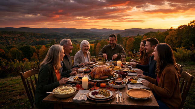 Multi-generational family enjoying Thanksgiving dinner with mountain sunset view.