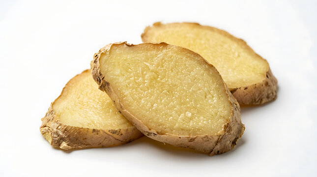 Fresh sliced ginger root pieces arranged on a clean white background with ingredient alternative medicine isolated background wellness nutrition vegetarian oriental condiment