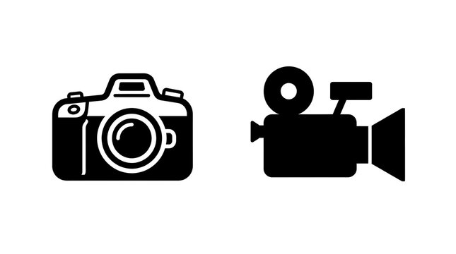 Camera and video camera icons set representing photography and videography equipment for digital media production and creative content design