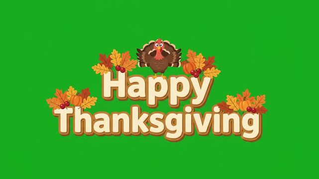 Happy Thanksgiving animated greeting card with falling autumn leaves and cartoon turkey character on green screen background for holiday video editing and overlay.
