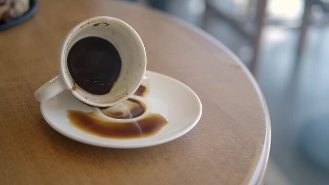 A coffee cup accidentally spills on the table, accompanied by its saucer, in a bustling cafe