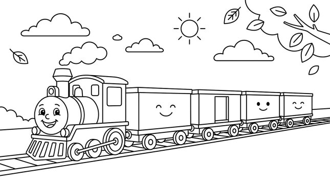 Cheerful steam engine train pulling multiple smiling freight wagons on rail track path.