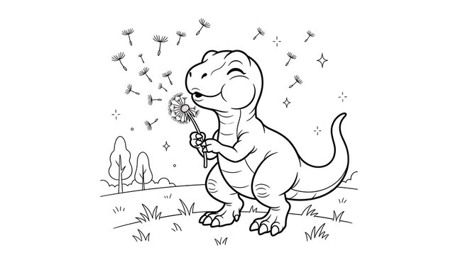 Cheerful t-rex blowing dandelion seeds in a field for creative children coloring designs.