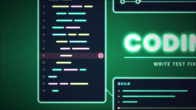 AI coding assistant writing and building software code animation on dark background for programming development and automated code generation