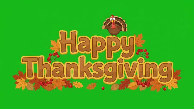 Animated Happy Thanksgiving text with cartoon turkey character and autumn leaves on green screen background, motion graphic video overlay for holiday events.