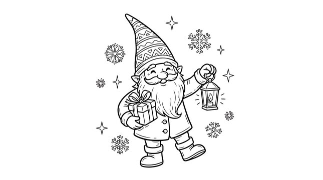 Christmas gnome holding lantern and gift coloring page with snowflakes for holiday hobby.
