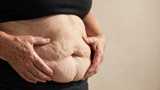 Abdominal fat excess skin body fat belly waist torso hands older adult closeup health