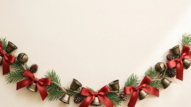 Christmas garland with pine branches, red ribbons, and vintage bells on a beige background with copy space
