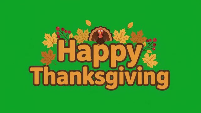 Animated happy thanksgiving text greeting with turkey and autumn leaves on green screen background, holiday motion graphics video clip overlay for seasonal projects.