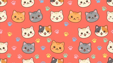 Fototapeta premium Cute kawaii cat faces seamless pattern, adorable cartoon kittens with various expressions, colorful paw prints on a vibrant coral background, charming design for textiles or digital projects