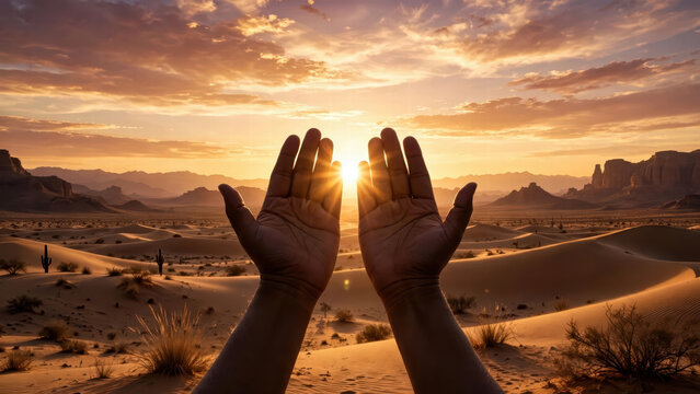 Sunset desert hands sun sky sand dune silhouette landscape horizon glow