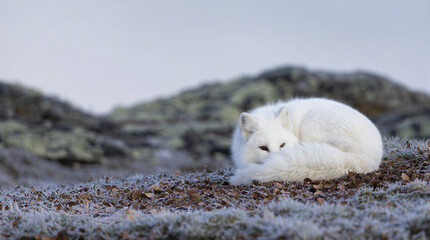 Fototapeta premium Arctic fox curled tightly into a ball amidst a sparse scattering of frozen brown leaves in a cold natural habitat