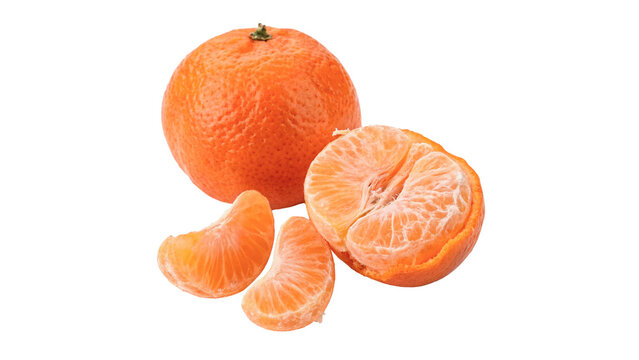 Whole and peeled mandarin tangerine citrus fruits isolated on transparent background