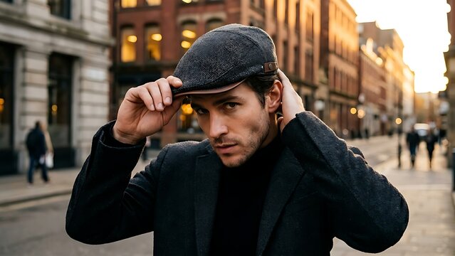 Fashionable young man wearing a stylish flat cap and coat walking on a city street at sunset