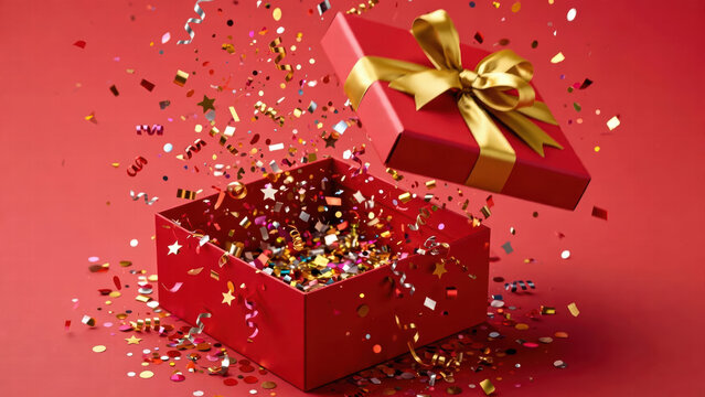 Red gift box gold ribbon confetti celebration open box red background festive surprise party holiday
