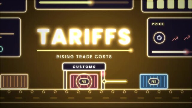 Import tariffs and customs duty rising trade costs animation on dark background for international trade policy shipping and economy