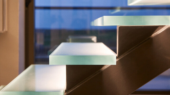 Structural glass staircase treads featuring thick laminated construction and frosted gradient clamping seamlessly into hidden steel stringer inside modern interior