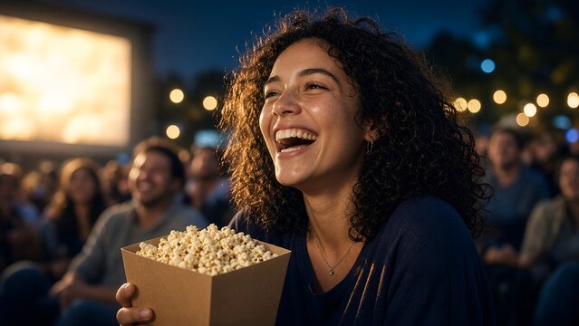 Laughing Young Woman Enjoying Outdoor Movie Night with Fresh Popcorn at Cinema