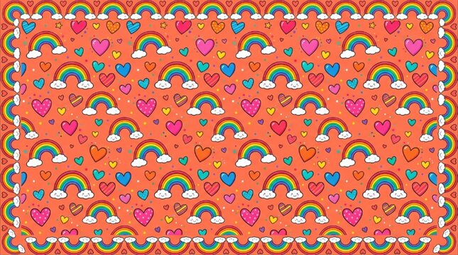 Vibrant retro rainbow and heart pattern, playful orange background with colorful arches and scattered hearts, cute decorative border, ideal for children's designs or cheerful branding