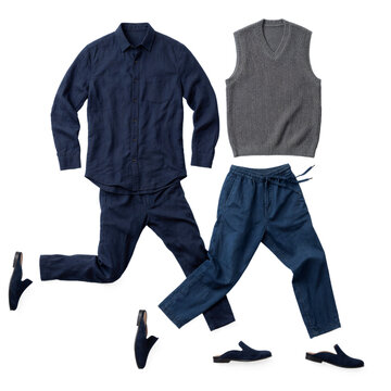 Mens fashion outfit featuring navy linen lounge shirt indigo drawstring trousers grey knit vest and suede mules on transparent background