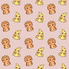 Kawaii Cute Dinosaur Seamless Pattern on Pink Background © Yanuart