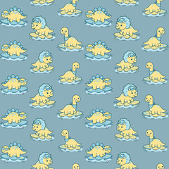 Cute Surfing Dinosaurs Seamless Pattern © Yanuart