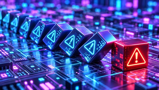 Glowing Red Warning Alert Cube Among Blue Data Nodes In Digital System Error Concept