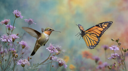 Fototapeta premium Vibrant hummingbird and monarch butterfly interacting near purple wildflowers during a bright warm spring day