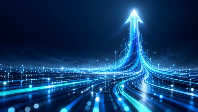 Upward Growth Arrow Formed By High Speed Glowing Blue Fiber Optic Light Streams