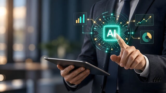Businessman Using Holographic Artificial Intelligence Interface For Data Analytics And Strategy