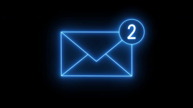 Neon email notification animation with glowing envelope and number  alert icon on dark background. Modern digital mail, incoming message, communication, notification, technology and cyber concept.