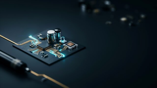 Modern electronic circuit board with glowing light conduits and microchip components
