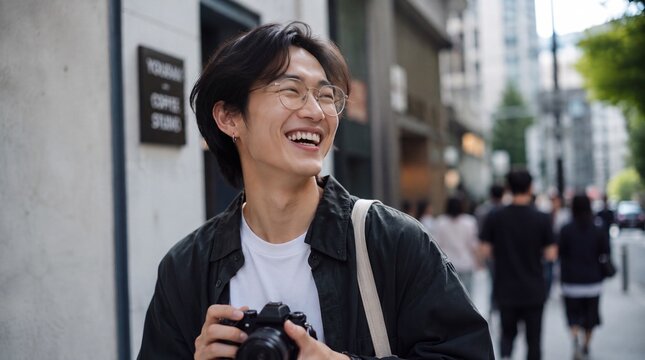 Cheerful young Asian man holding camera and laughing on city street