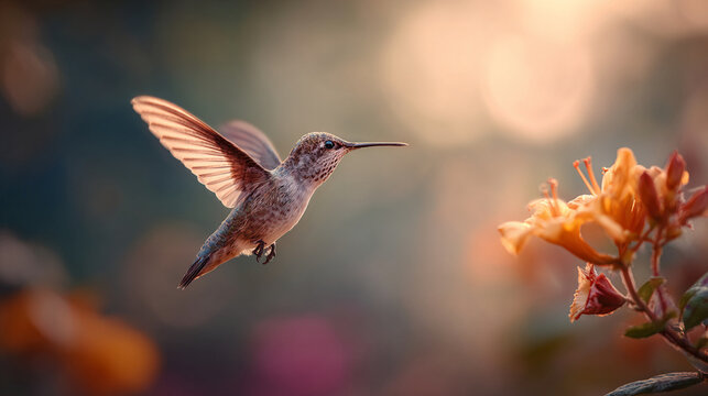 Iridescent hummingbird wings spread wide while hovering near bright orange flowers under soft golden sunlight rays