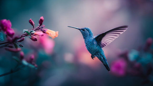 Radiant blue hummingbird hovering near vibrant flower captured with soft cinematic lighting and bokeh details