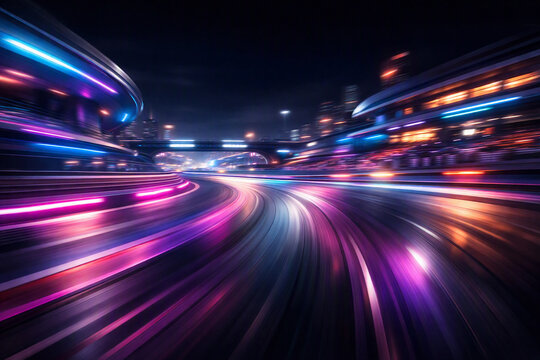 Abstract High Speed Night Highway Traffic Light Trails in Neon Cyberpunk City Street