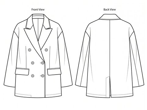 Oversized double-breasted blazer technical fashion sketch front and