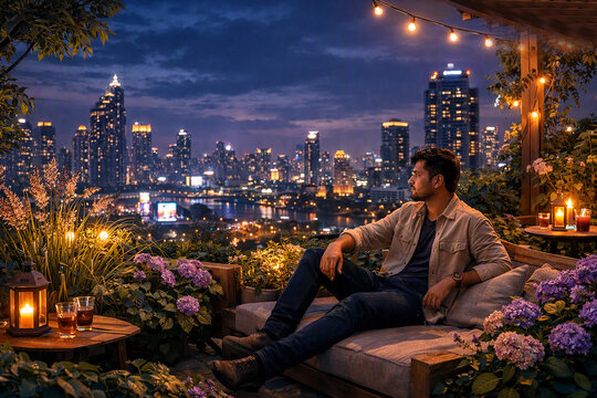 Man Relaxing on Rooftop Terrace Lounger Enjoying Illuminated City Skyline at Night