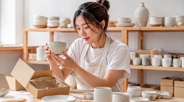 Young Asian female artisan packing ceramic bowl into cardboard box in pottery studio