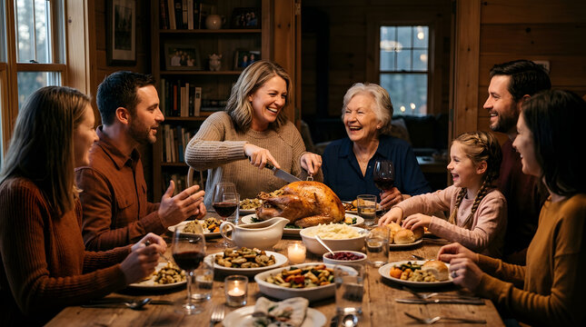 Large family gathering for rustic Thanksgiving dinner in cabin.
