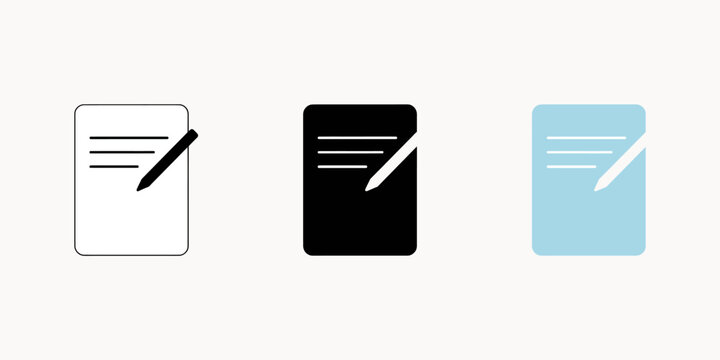 Three document icons with a pen showing writing action in black and light blue colors