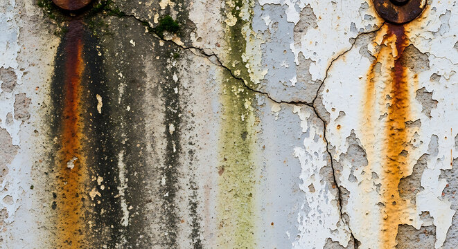 Close up of peeling white paint revealing rust and weathered metal surface texture