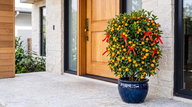 Potted kumquat tree with red ribbons at a modern home entrance for Lunar New Year
