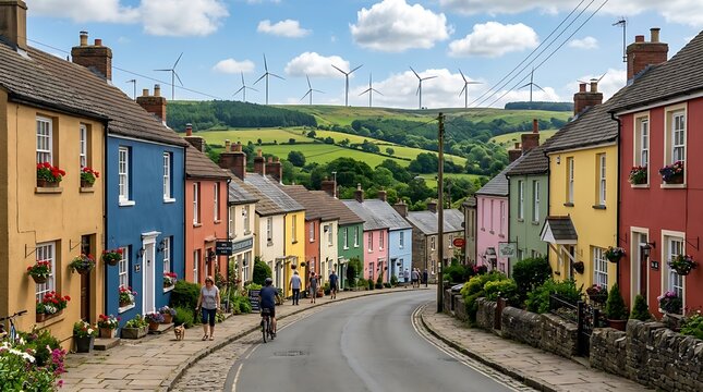 Colorful European village street with shops and greenery.