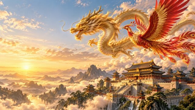 Majestic Golden Dragon and Red Phoenix Flying Above Ancient Palace at Sunrise
