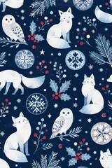 Fototapeta premium Woodland foxes, owls, snowflakes, winter foliage seamless pattern